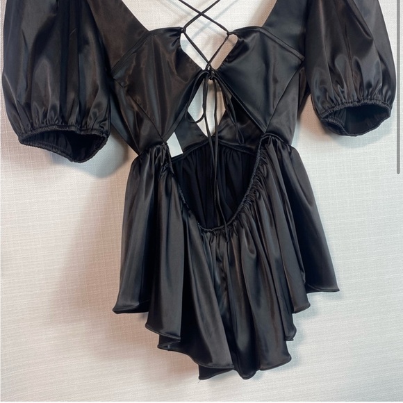 Allina Liu Puff Sleeve Deep V-Neck Babydoll Open Back Lace-Up Corset Blouse Top - Picture 2 of 4